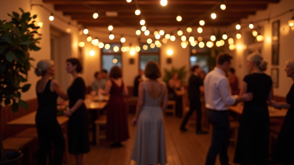 Interior of a cultural center in Brno with people mingling at an evening social event