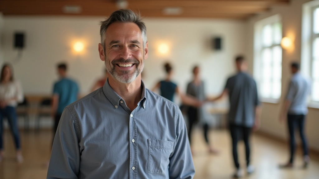 Smiling dance instructor aged 45, fully clothed in professional attire, portrait from chest up in a bright dance studio with mirrors in background