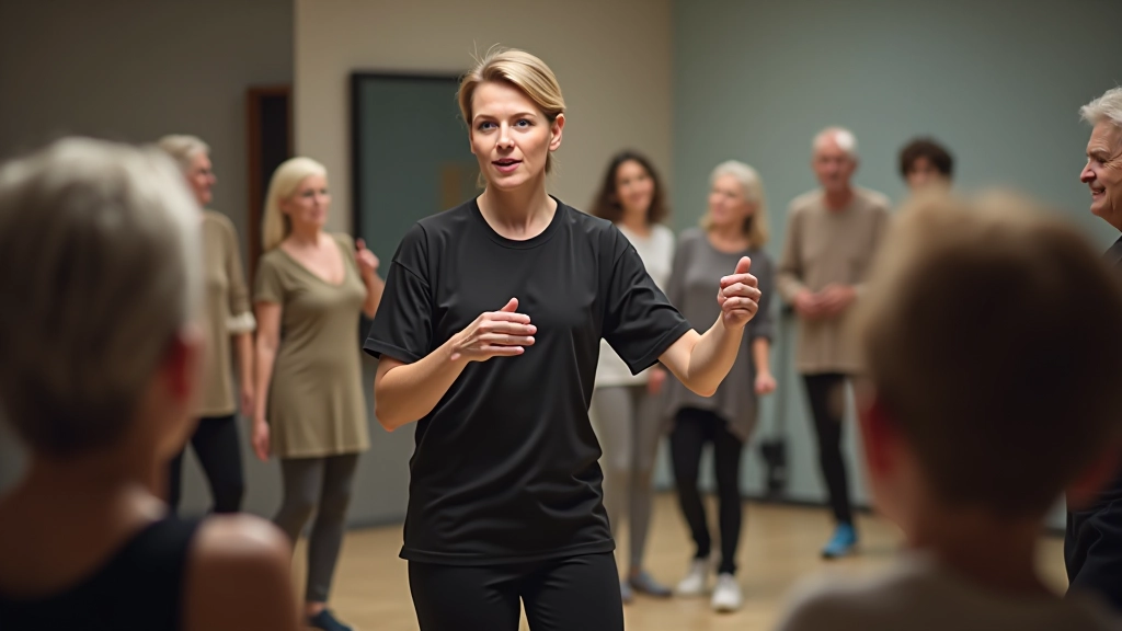 Dance instructor demonstrating salsa basics to a group of retirees