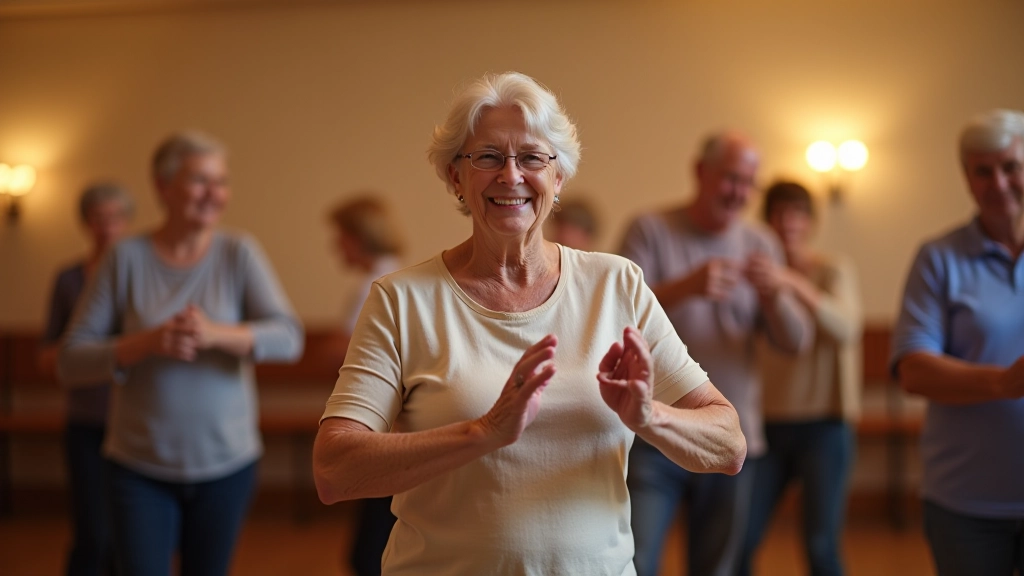 Group of active retirees enjoying a dance social in Prague, laughing and dancing together in a warm community setting