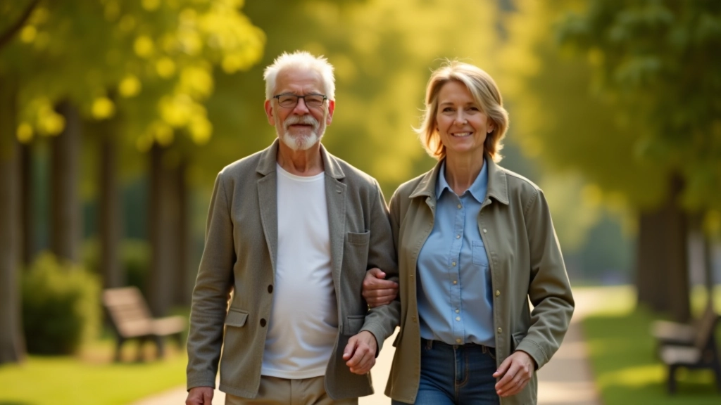 Older couple walking together in a park during an active community gathering