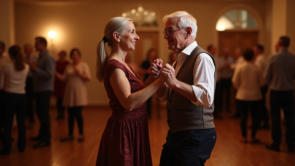 Older couple dancing together at a community social event in Prague