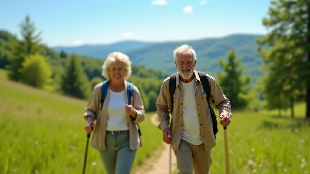 Seniors on a organized walking trail through Czech countryside with scenic views and clear path