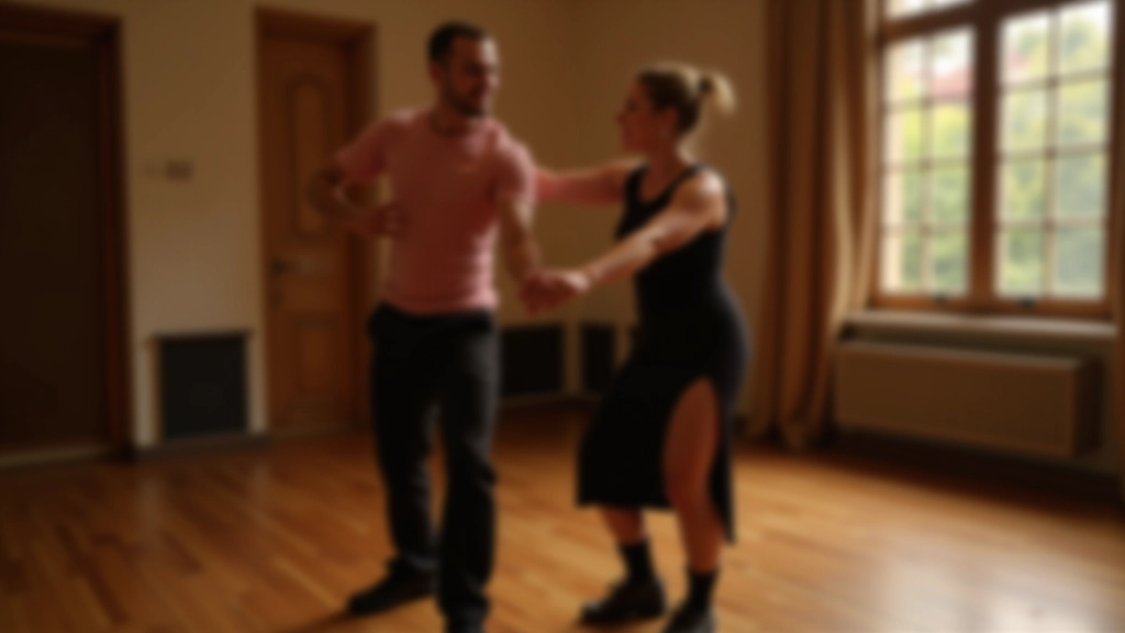 Two dancers demonstrating proper dance posture and frame, standing together in a studio with soft lighting highlighting their positioning